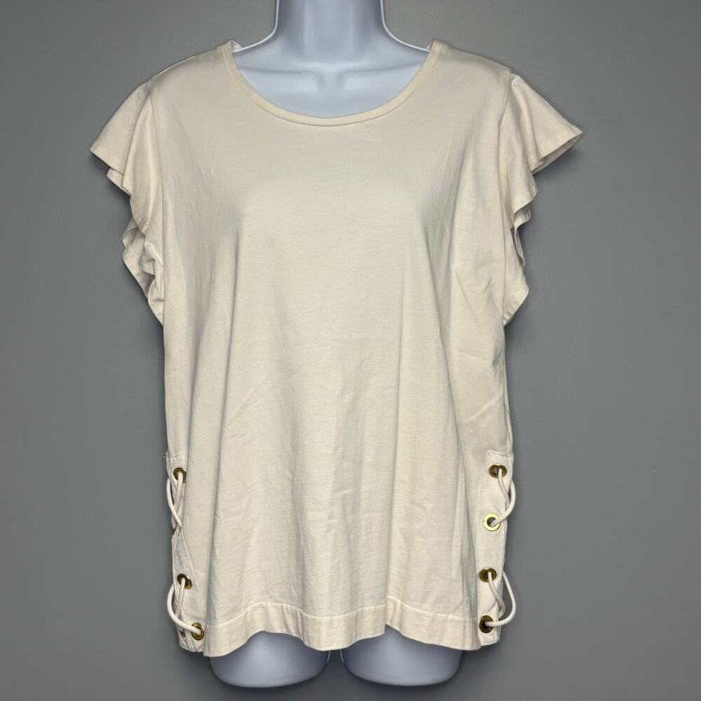 Lauren Ralph Lauren‎ White Side Lace Up Flirty Flutter Sleeve Top Womens Sz L